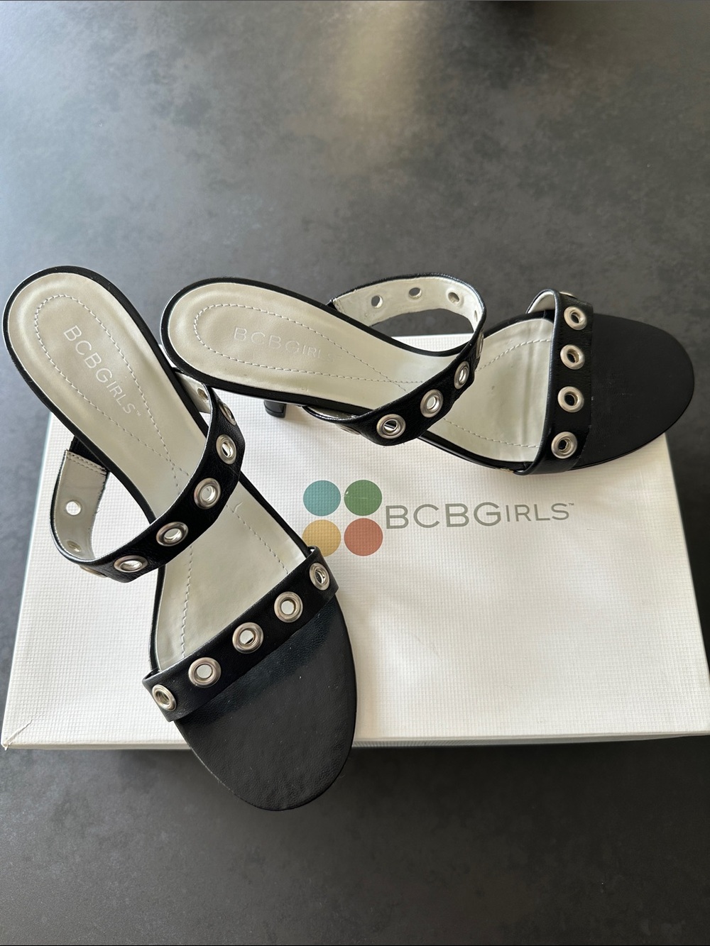 New to sale! BCBGirls Black Grommet Strap Open-Toe Heels-Never Worn!